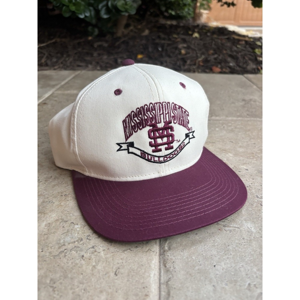 Vintage 90s Mississippi State Bulldogs Signatures Snapback Hat Cream Maroon Mens